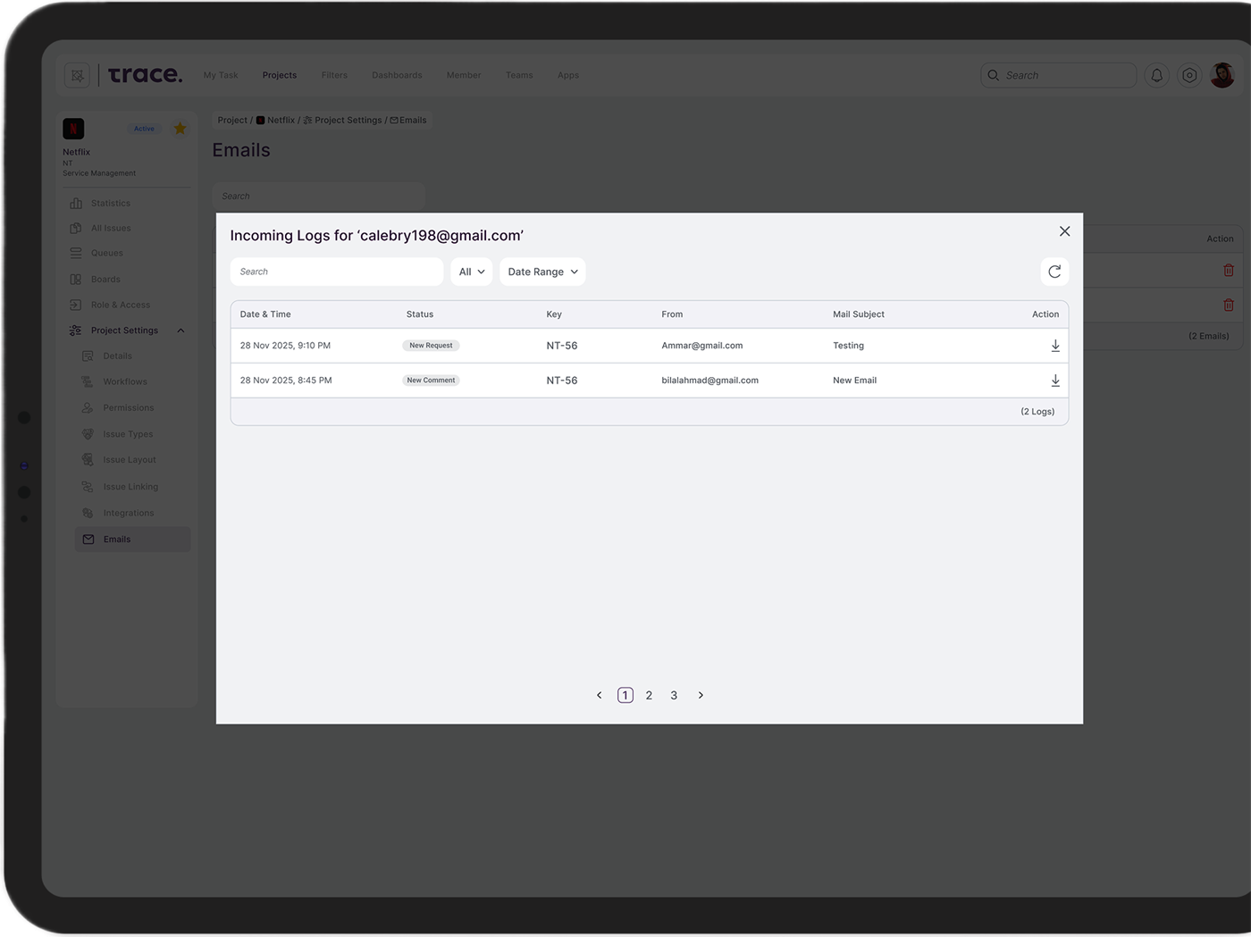 Incoming email logs with status, sender, and subject in Trace