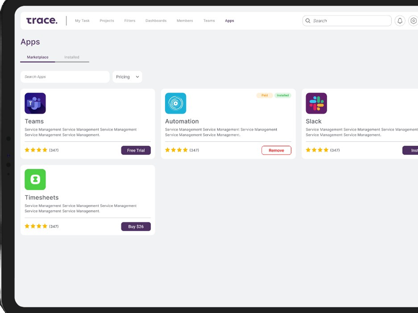 Integrations Marketplace with Teams, Automation, Slack, and Timesheets apps in Trace