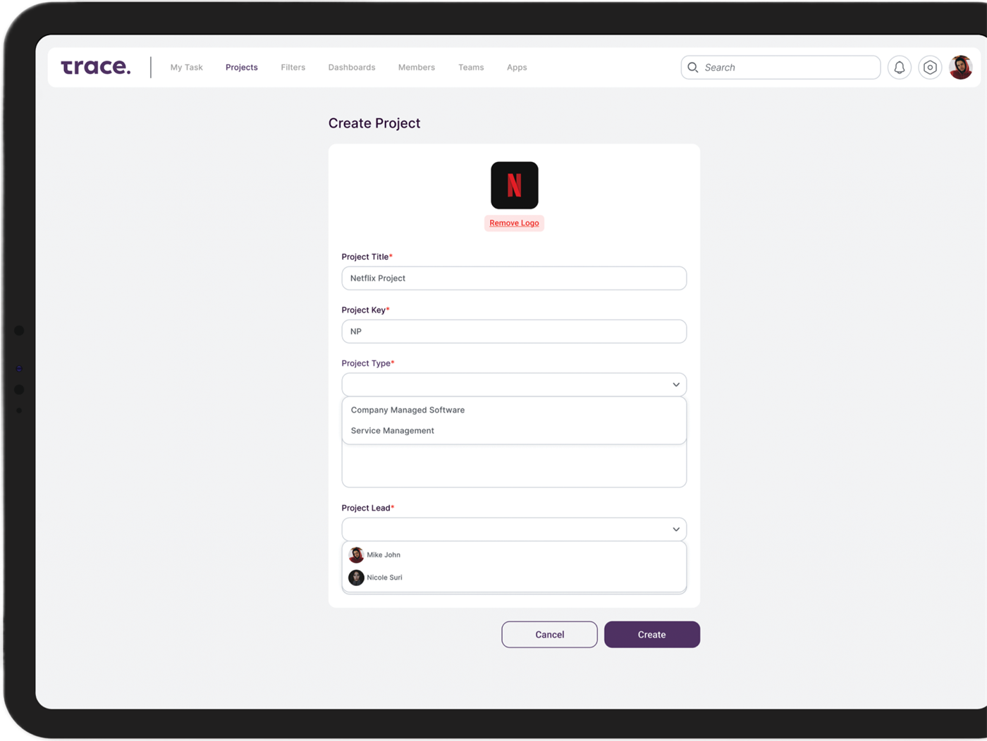Create Project form with custom fields in Trace