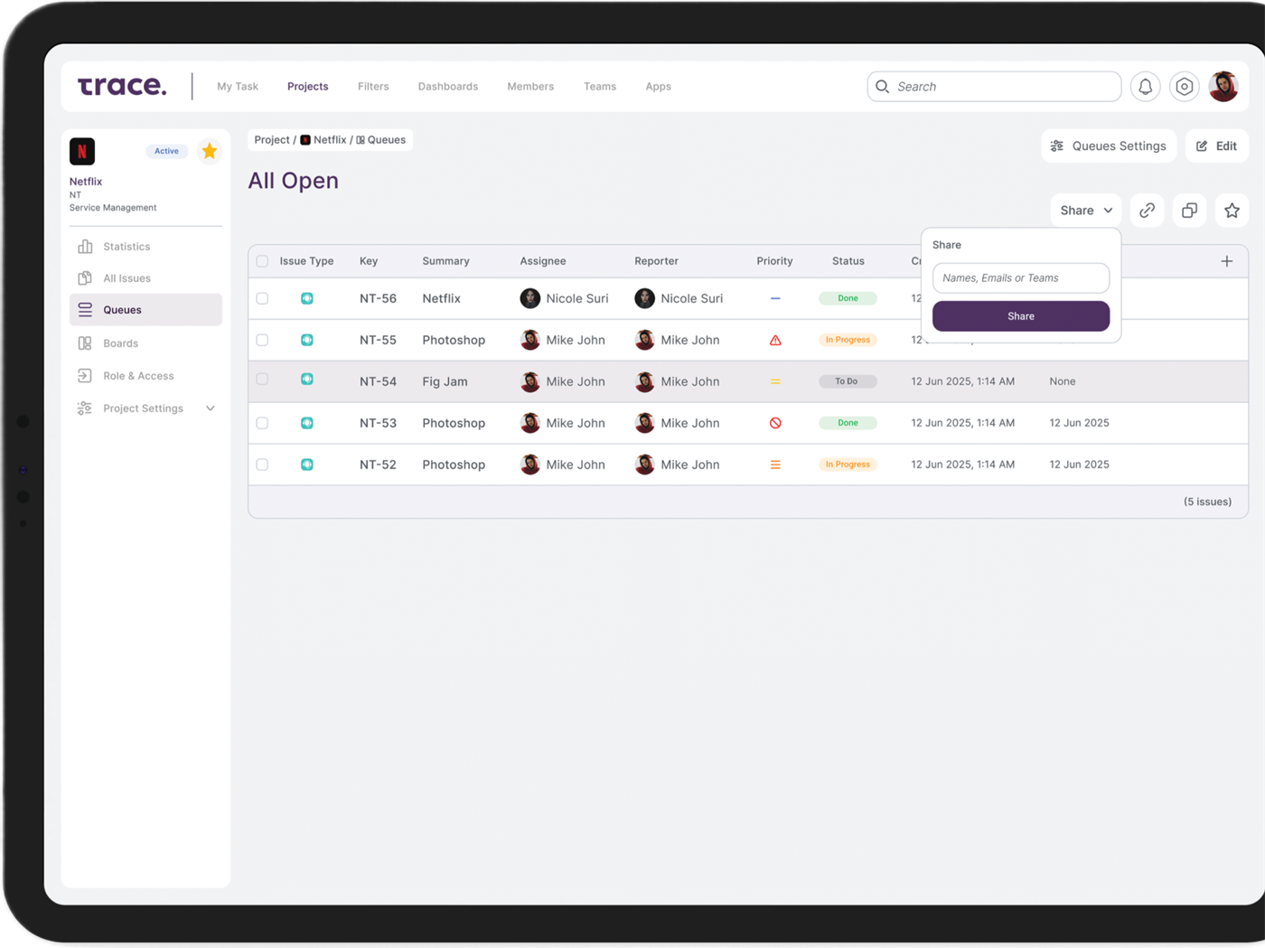 All Open queue with ticket lifecycle tracking in Trace
