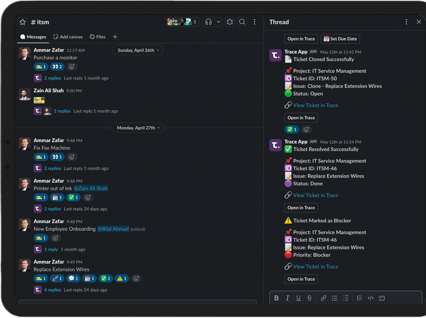 Real-time ticket updates displayed in Slack via Trace