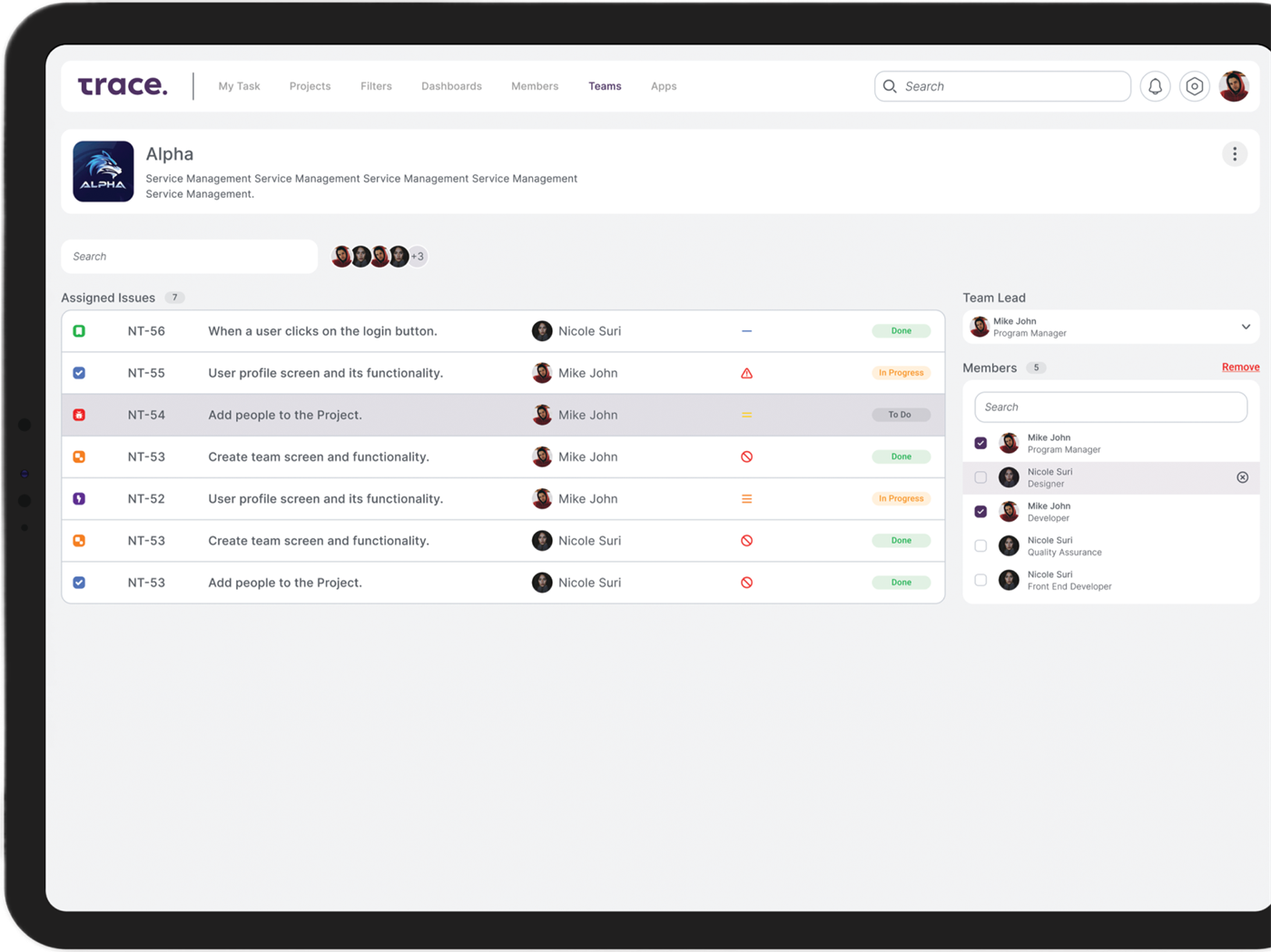 Team workload and roster management view in Trace